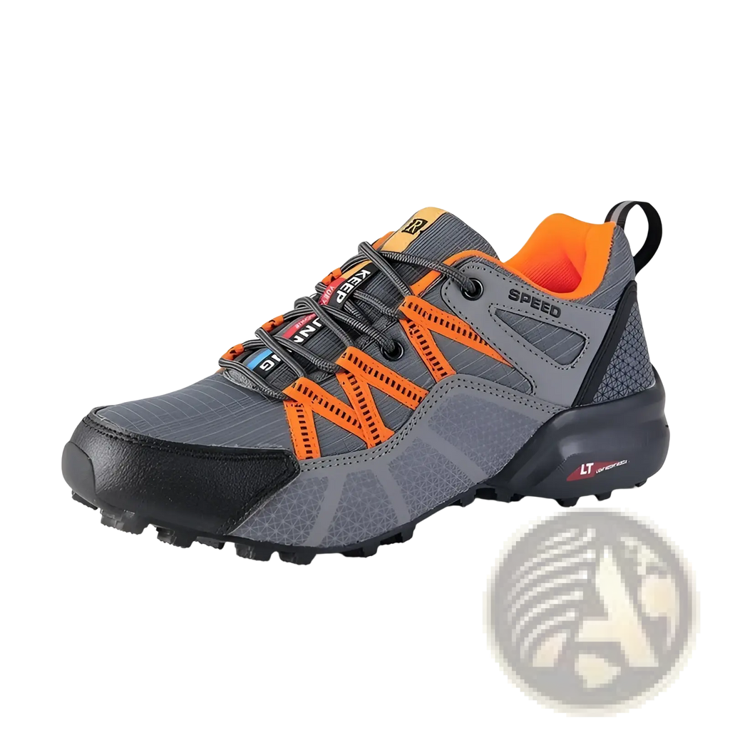 Men’s breathable mesh trail running and hiking shoe in gray and orange with black rubber outsole and reinforced toe cap