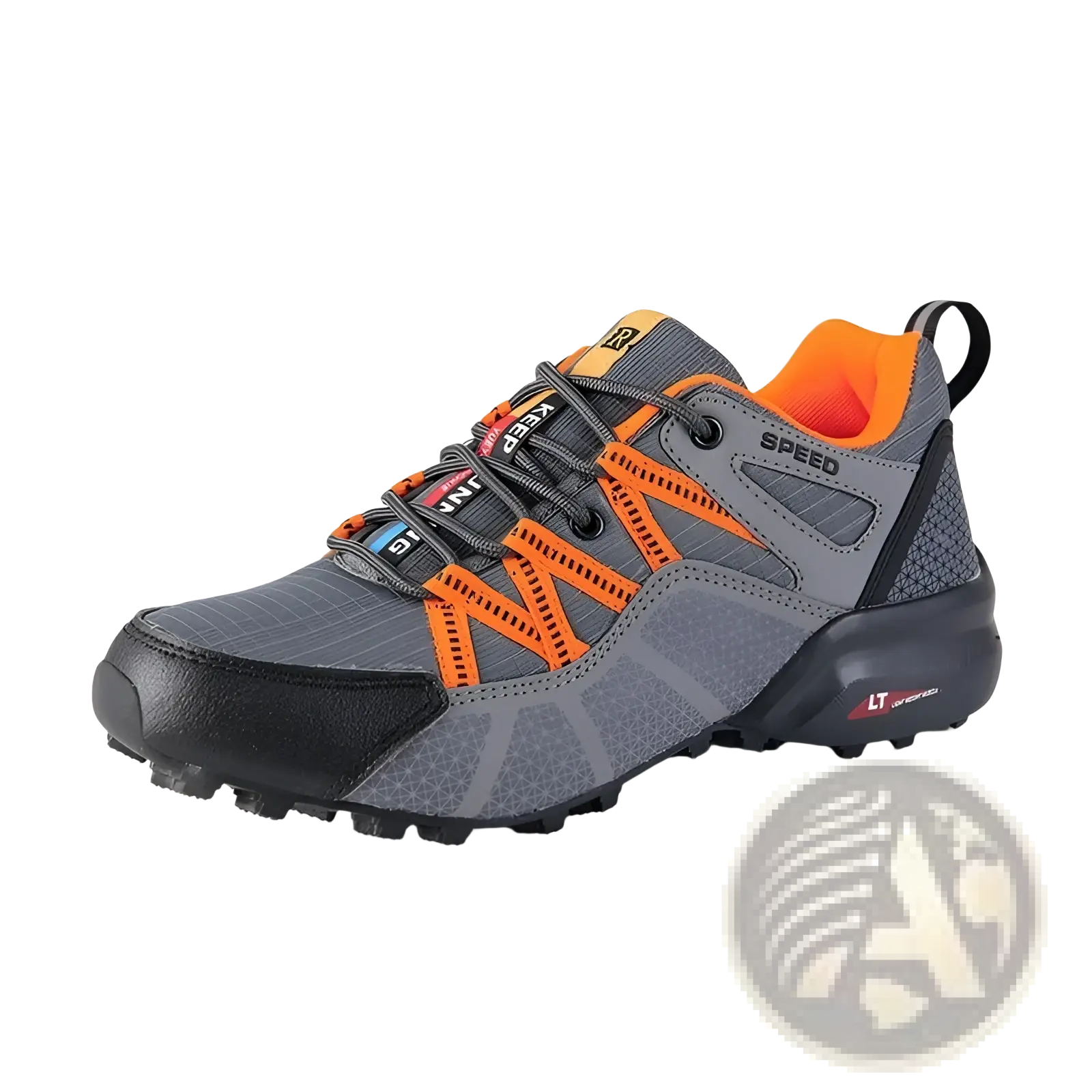 Men’s breathable mesh trail running and hiking shoe in gray and orange with black rubber outsole and reinforced toe cap