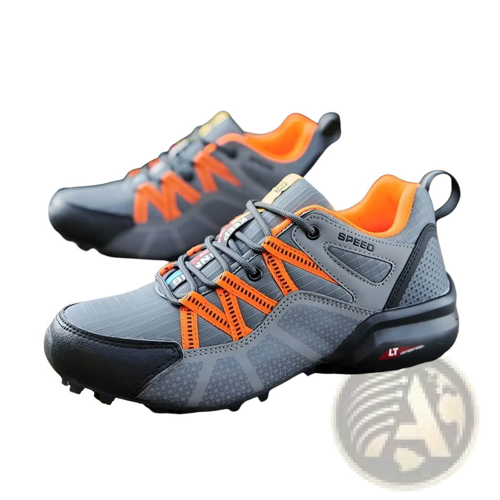 Men’s breathable mesh trail running and hiking shoes in gray and orange with rugged and breathable design