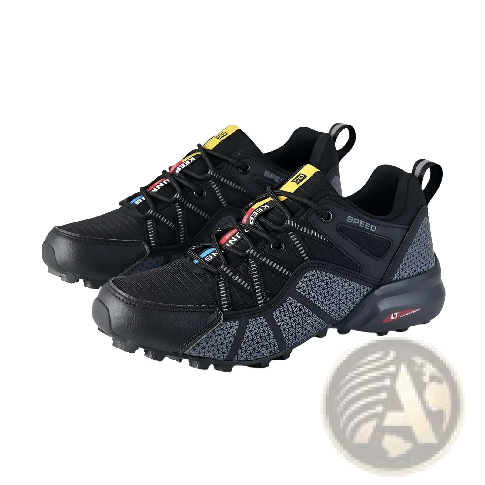 Men’s breathable mesh trail running and hiking shoes with black and gray textured upper and yellow accents on laces and heel tab