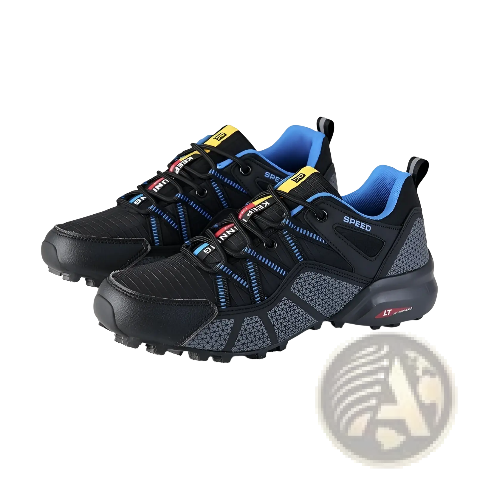 Men’s breathable mesh trail running and hiking shoes in black and blue with textured upper, mesh panels, and rubber outsole