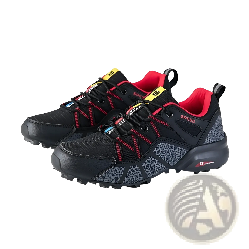 Men’s breathable mesh trail running and hiking shoes in black and red with textured upper and rubberized toe cap