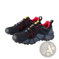 Men’s breathable mesh trail running and hiking shoes in black and red with textured upper and rubberized toe cap