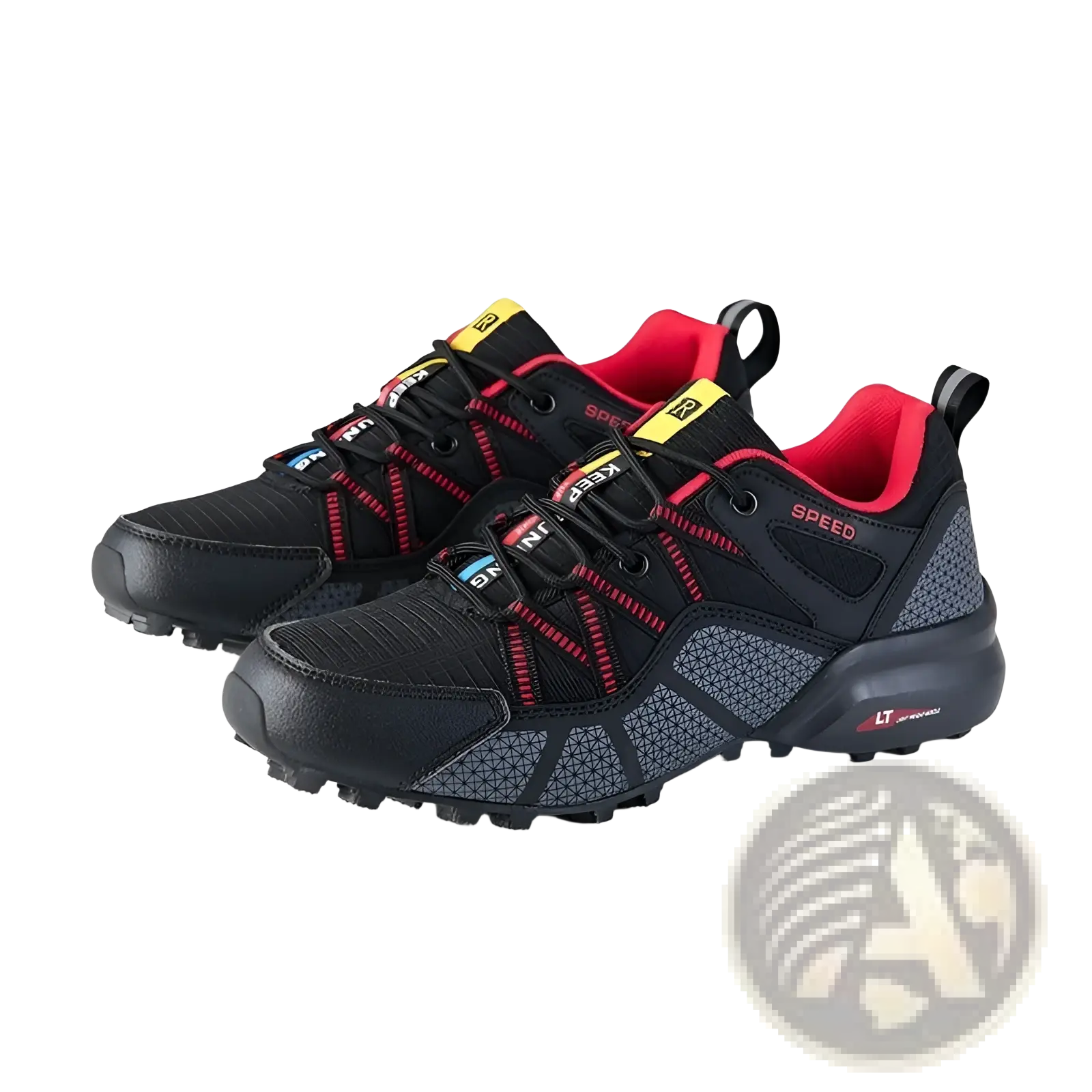 Men’s breathable mesh trail running and hiking shoes in black and red with textured upper and rubberized toe cap