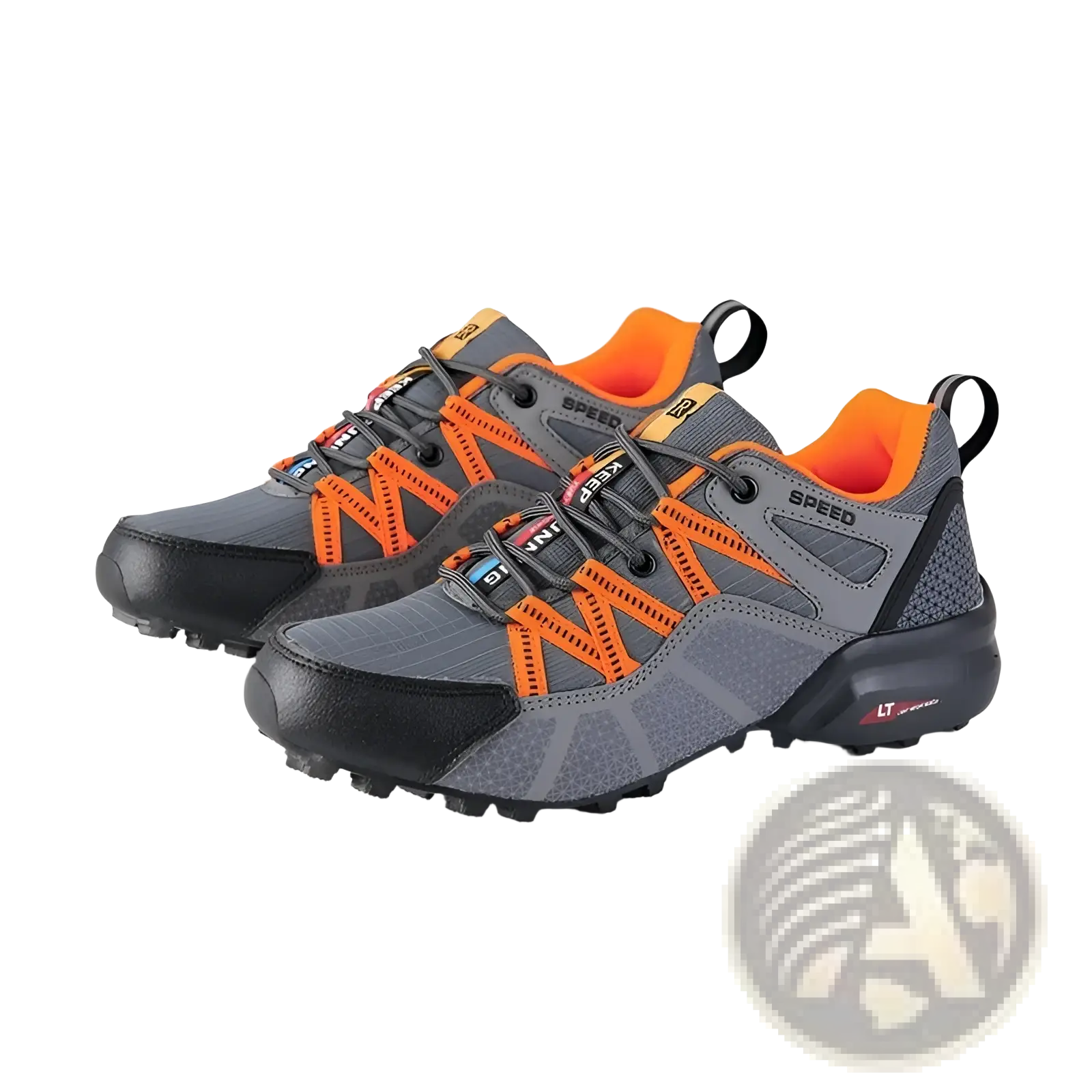 Men’s breathable mesh trail running and hiking shoes in gray and orange with black soles and reinforced toe cap
