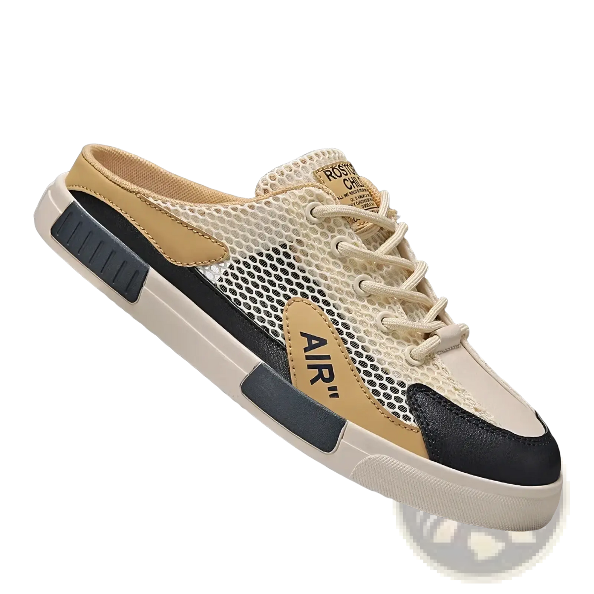 Mens breathable mesh walking sneaker in beige and black with suede accents white laces and chunky rubber sole