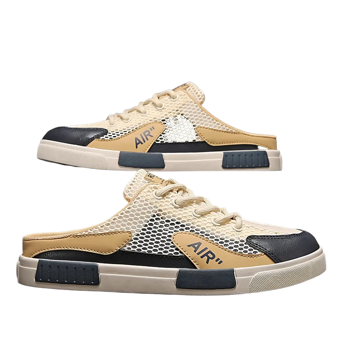 Mens breathable mesh walking sneakers in beige and black with tan leather accents and air branding slip-on design