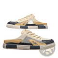 Mens breathable mesh walking sneakers in beige and black with tan leather accents and air branding slip-on design