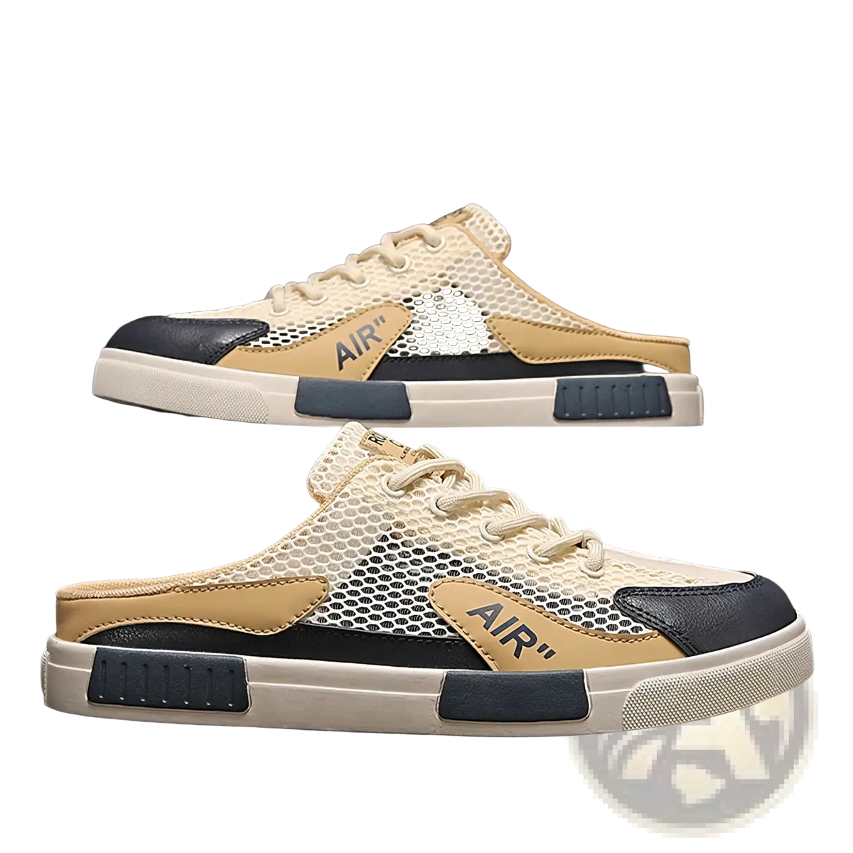 Mens breathable mesh walking sneakers in beige and black with tan leather accents and air branding slip-on design