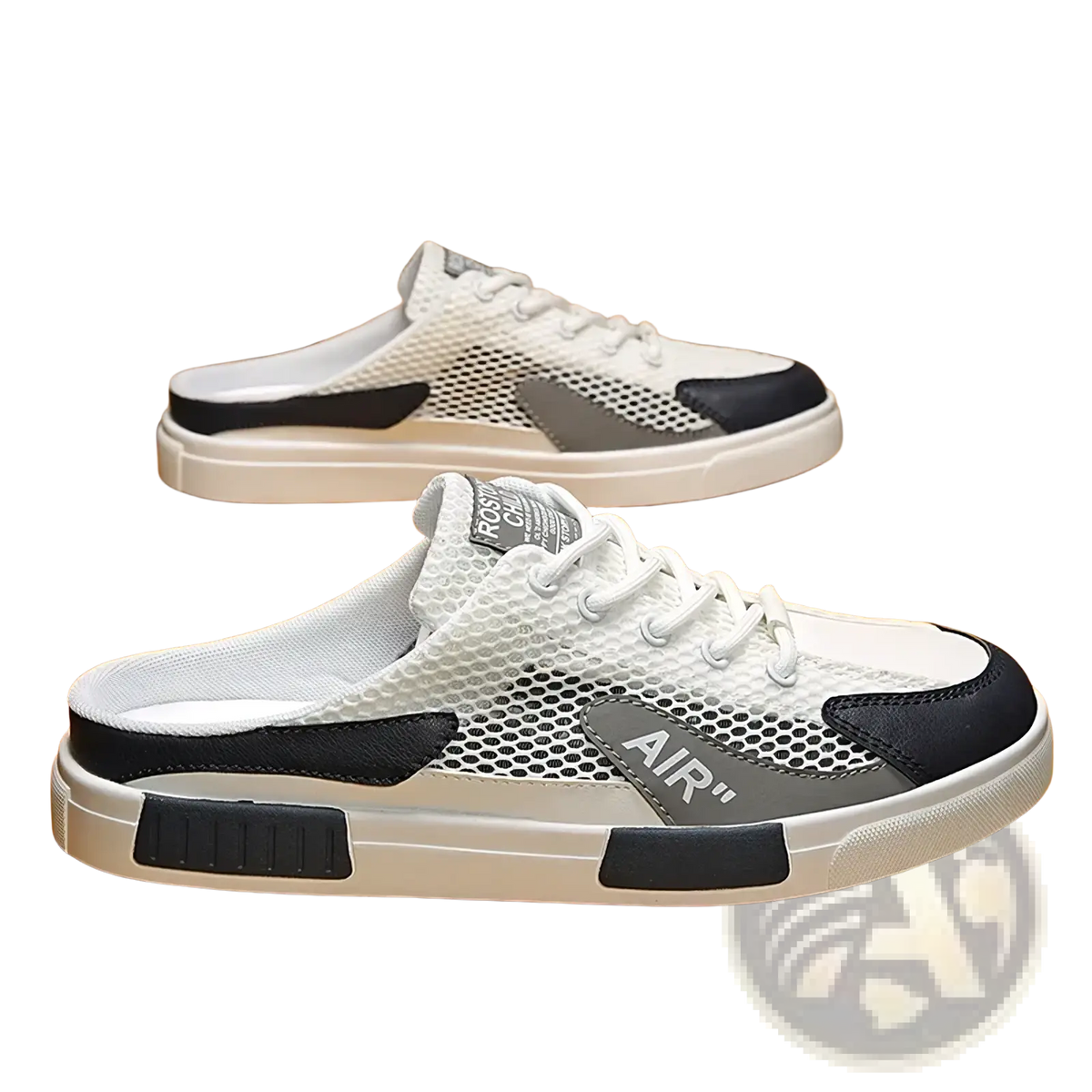 Mens breathable mesh walking sneakers in white and black slip-on design with gray air logo patch on the side