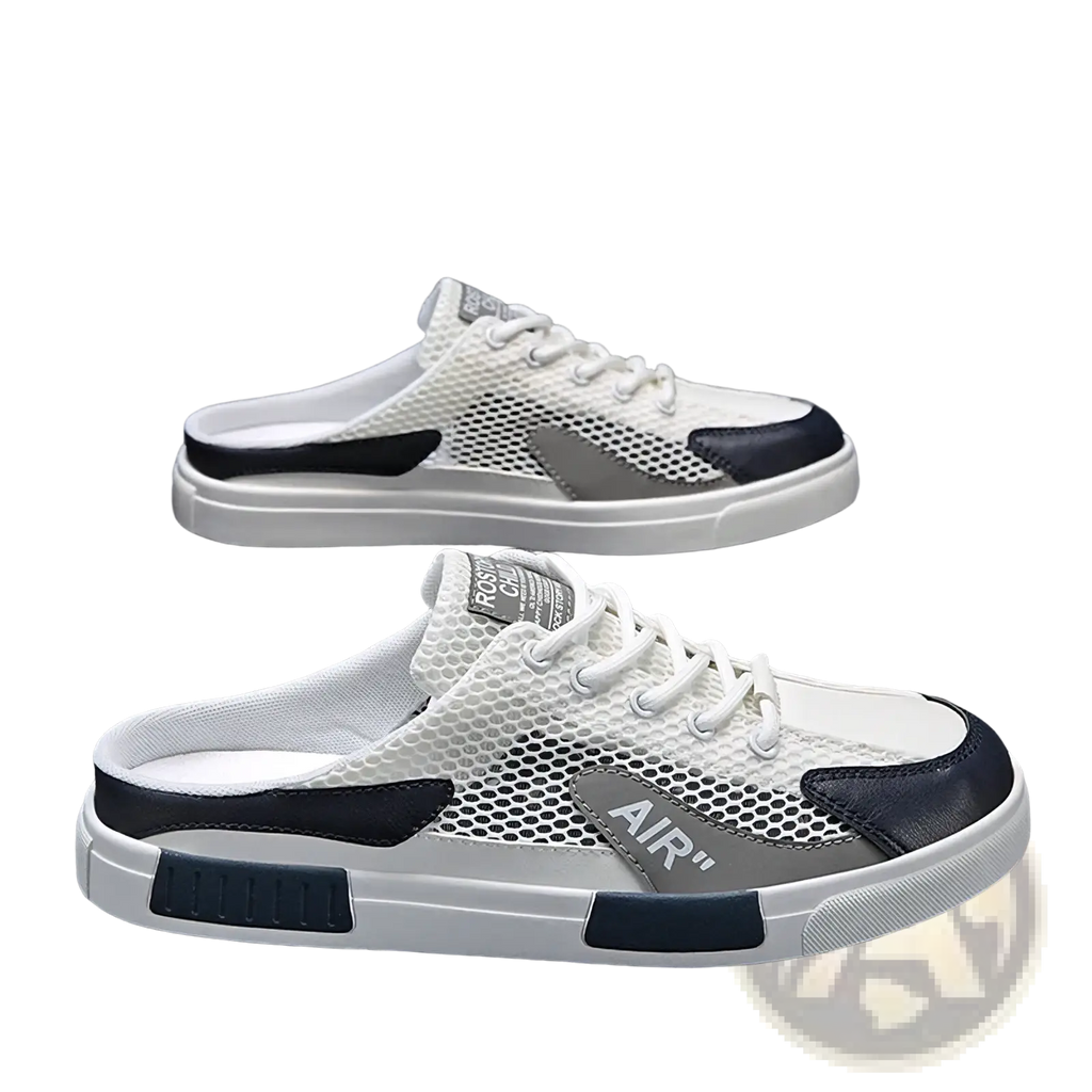 Mens breathable mesh walking sneakers in white and navy blue with gray air logo patch on the side