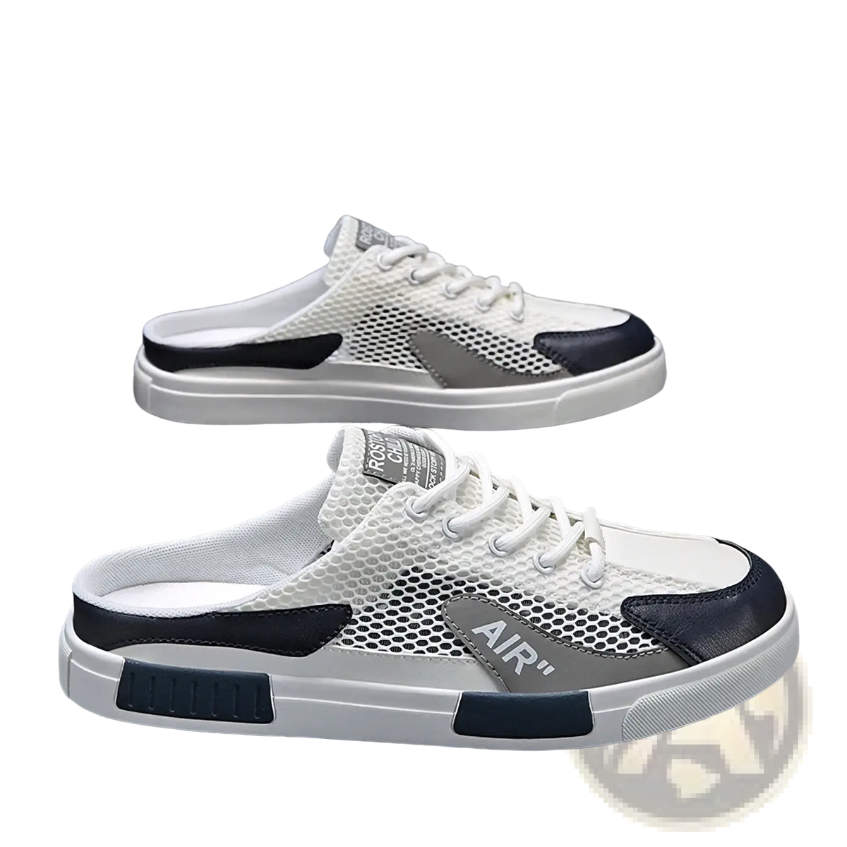 Mens breathable mesh walking sneakers in white and navy blue with gray air logo patch on the side