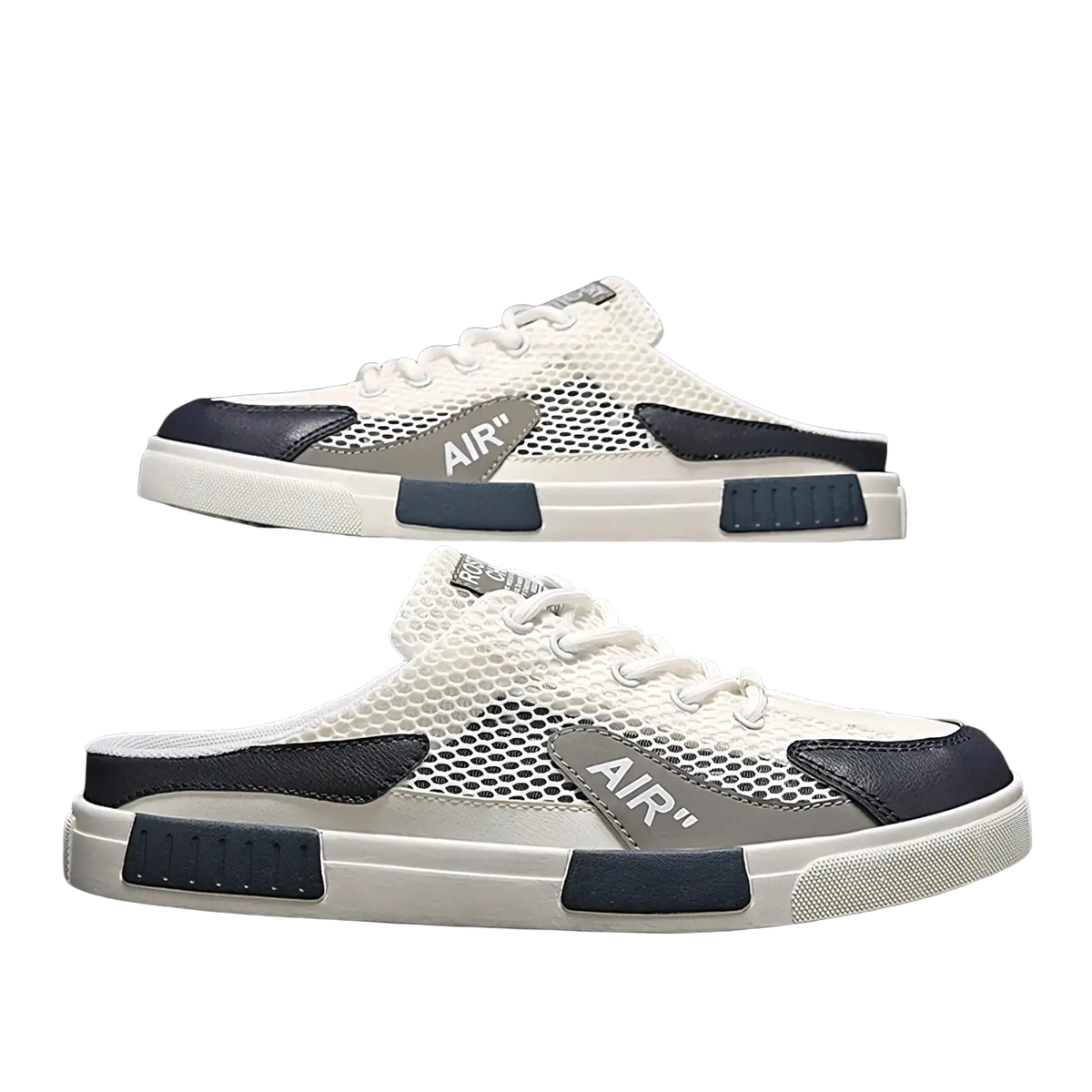 Mens breathable mesh walking sneakers casual flat shoes in white and navy blue with a gray air logo patch