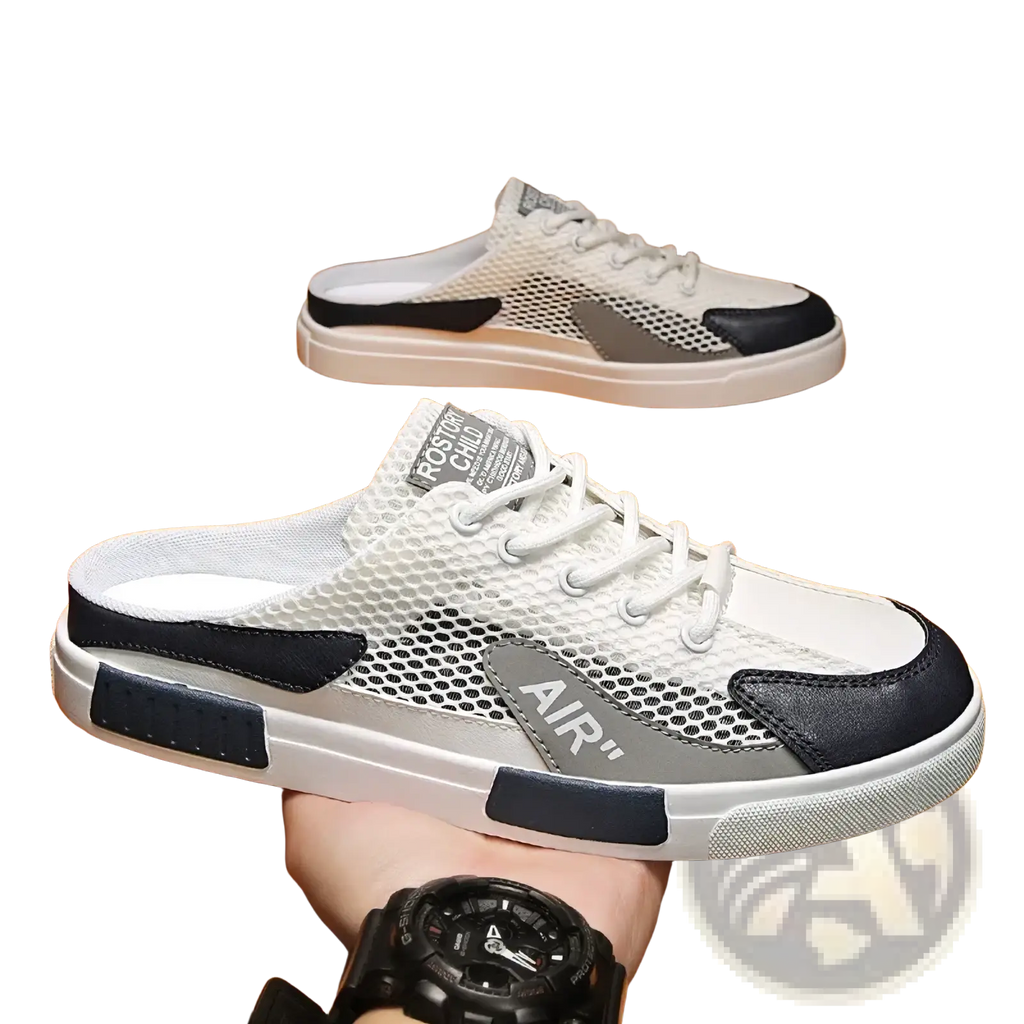 Mens breathable mesh walking sneakers in white and navy with gray air logo patch for casual flat shoe use