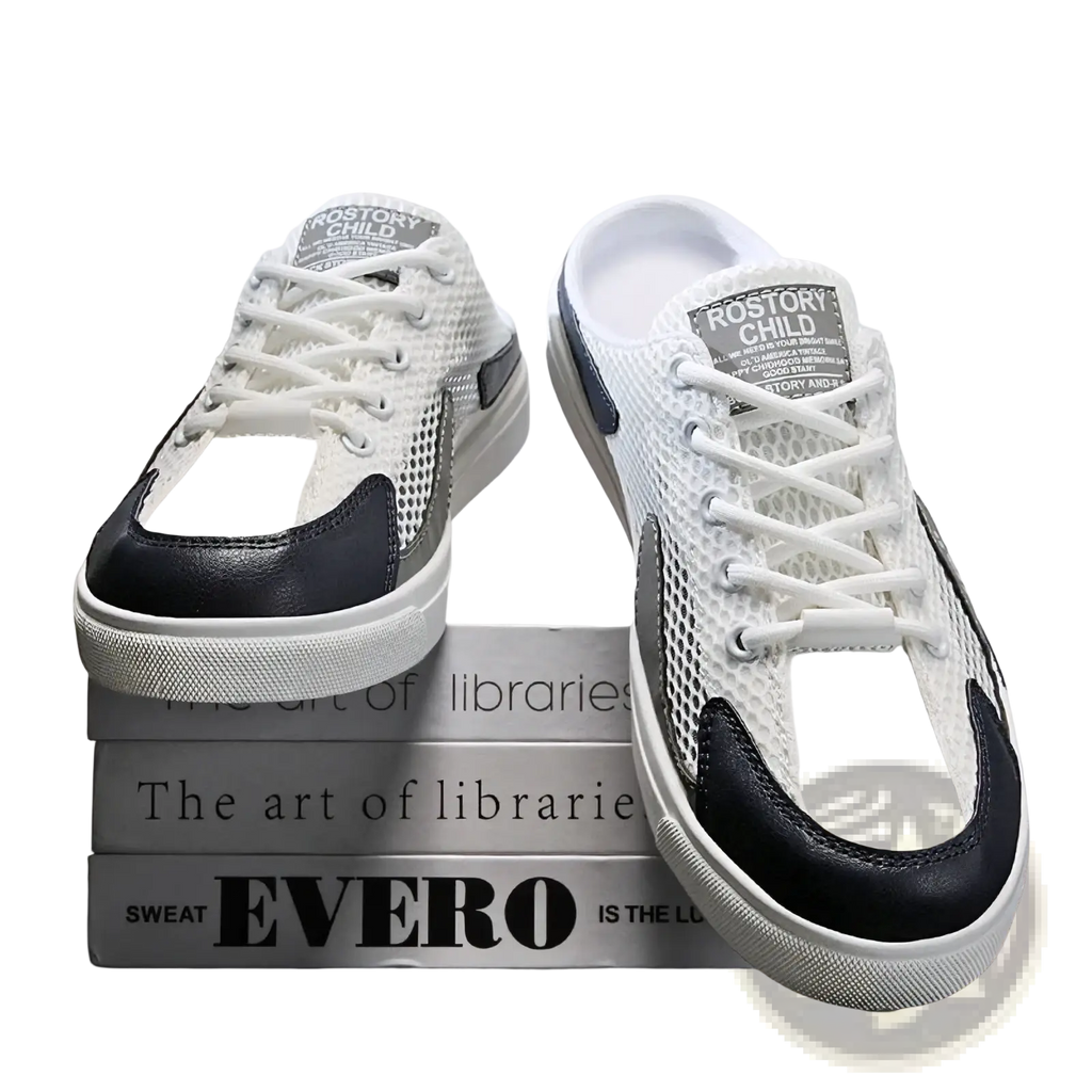 Mens breathable mesh walking sneakers in white and navy blue with textured rubber sole and rostory child branding on tongue