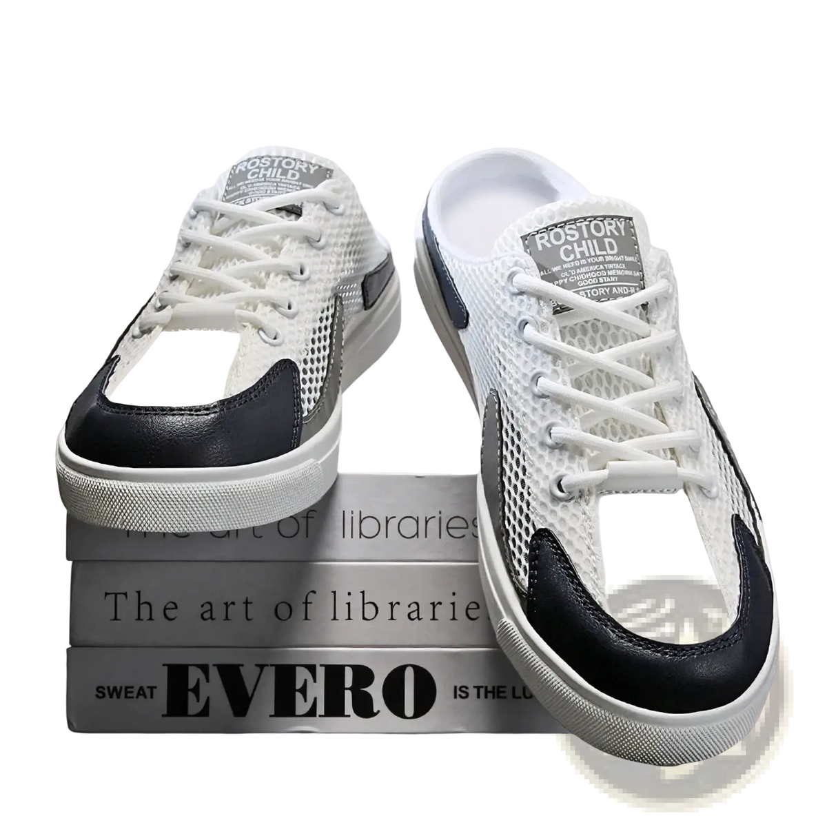 Mens breathable mesh walking sneakers in white and navy blue with textured rubber sole and rostory child branding on tongue