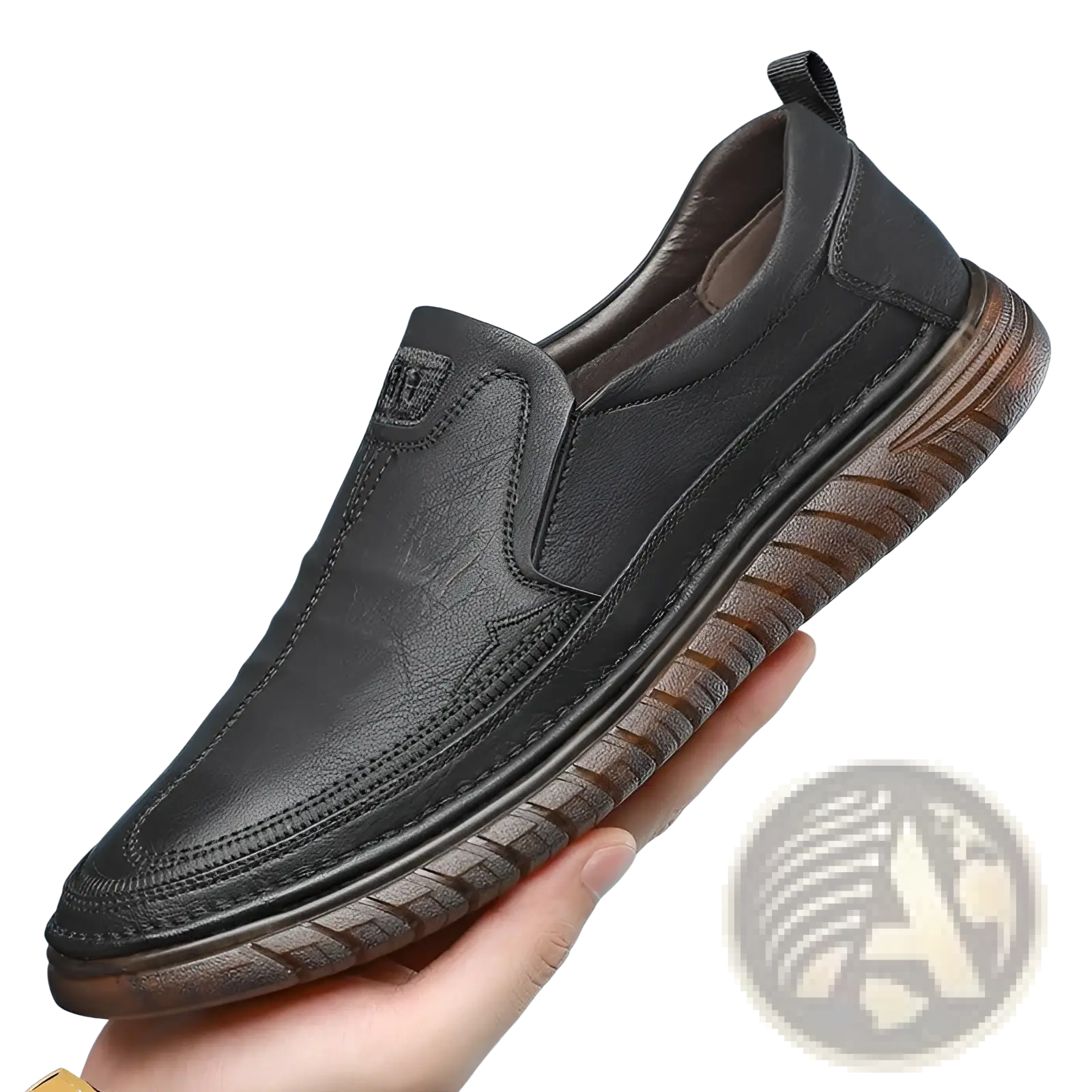 Black leather slip-on men’s breathable non slip PU leather loafers with brown textured rubber sole shown from the back