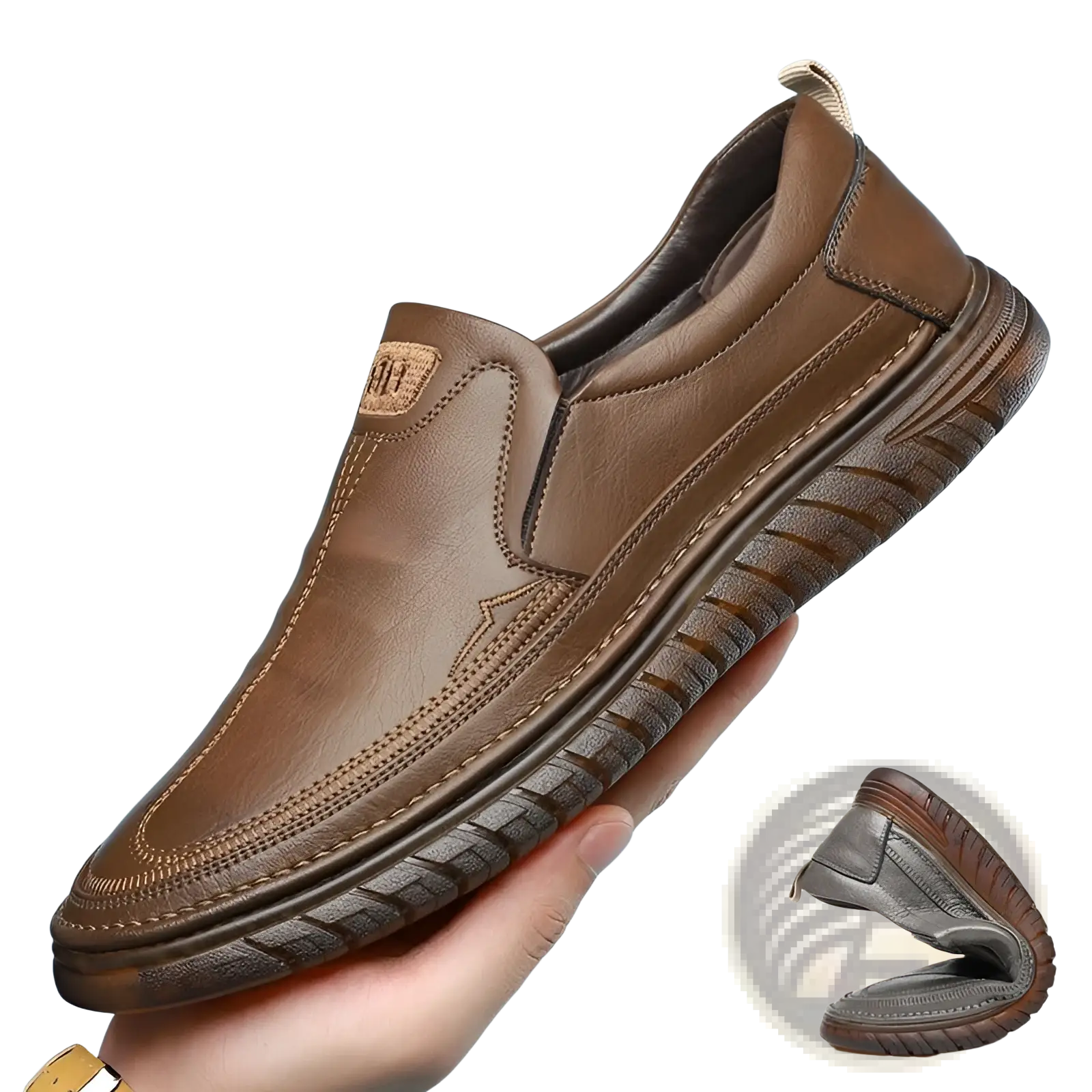 Men’s breathable non slip brown pu leather loafers with textured rubber sole and visible stitching details