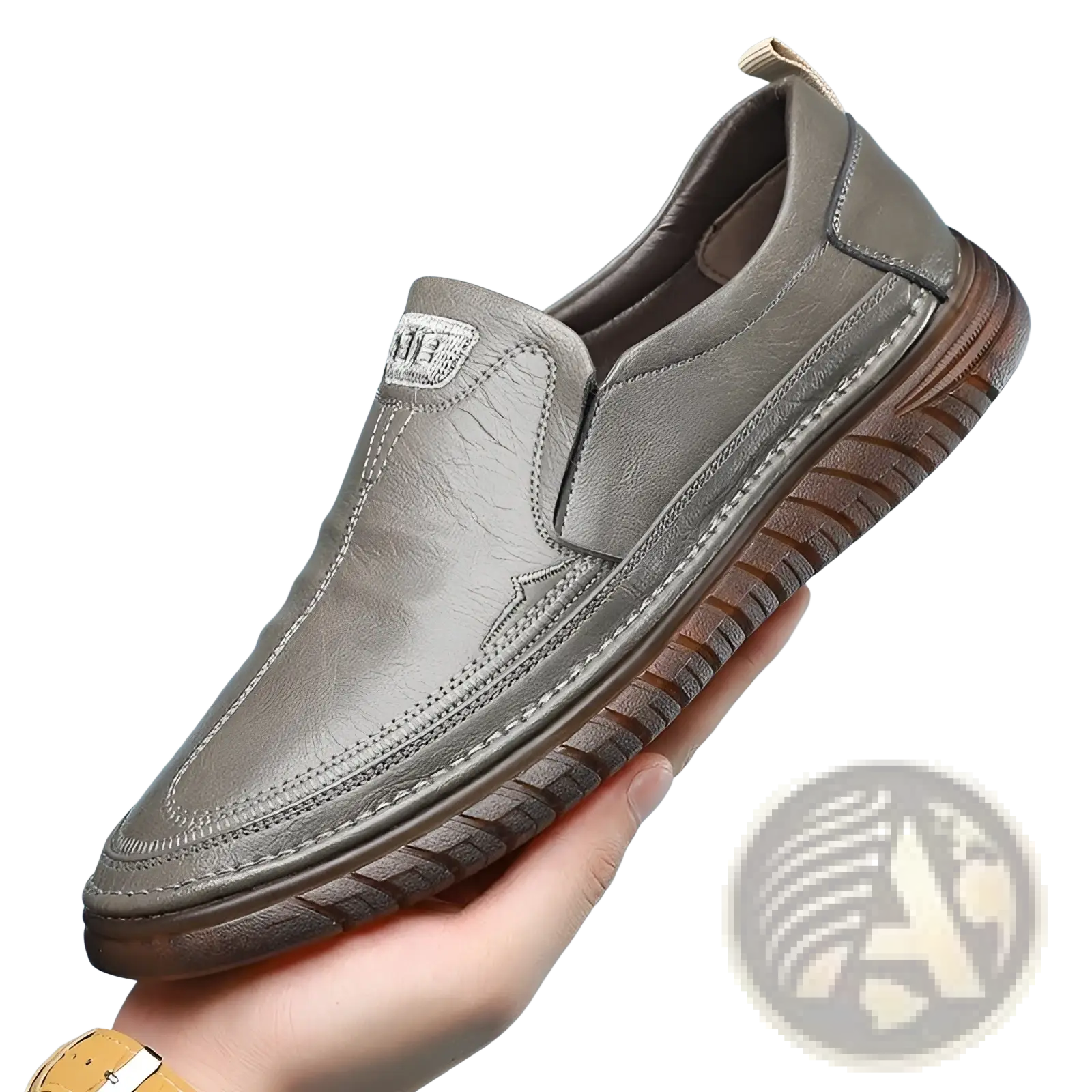 Men’s breathable non slip gray leather slip-on loafers with textured sole and visible stitching