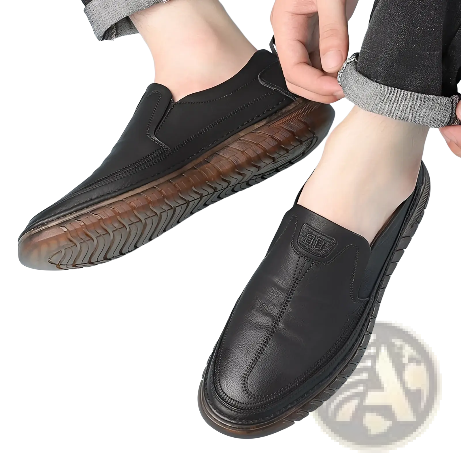 Men’s breathable non slip black pu leather slip-on loafers with textured brown rubber sole and stitched detailing