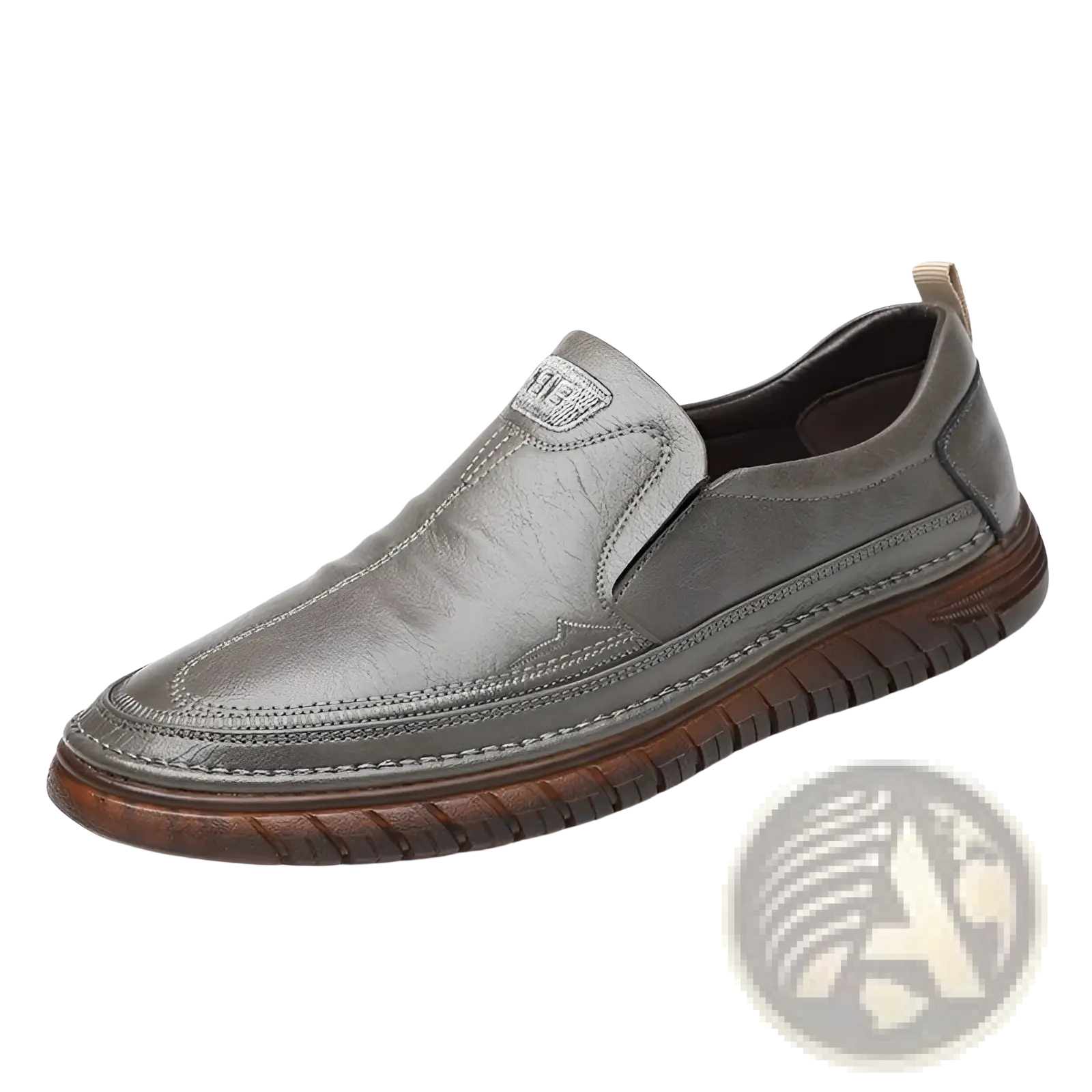 Men’s breathable non slip gray leather slip-on loafers with brown rubber sole and stitched detailing