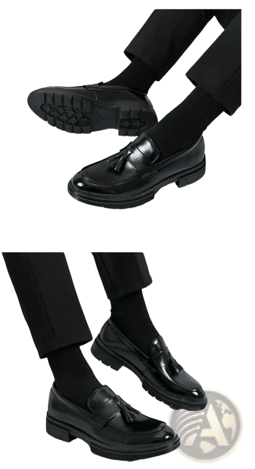 Men’s breathable black patent leather tassel brogue loafers with chunky sole for stylish comfortable wear