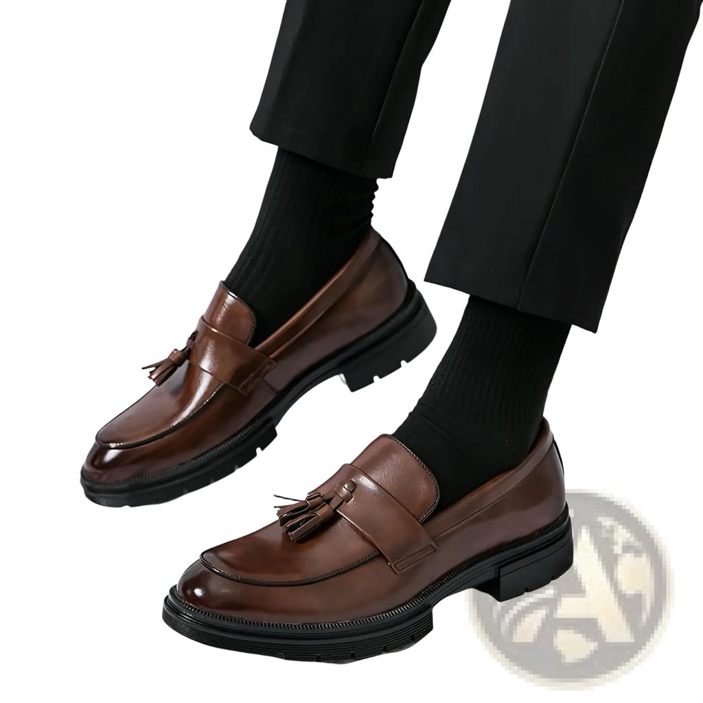 Men’s breathable brown leather tassel brogue loafers with glossy finish and chunky black soles