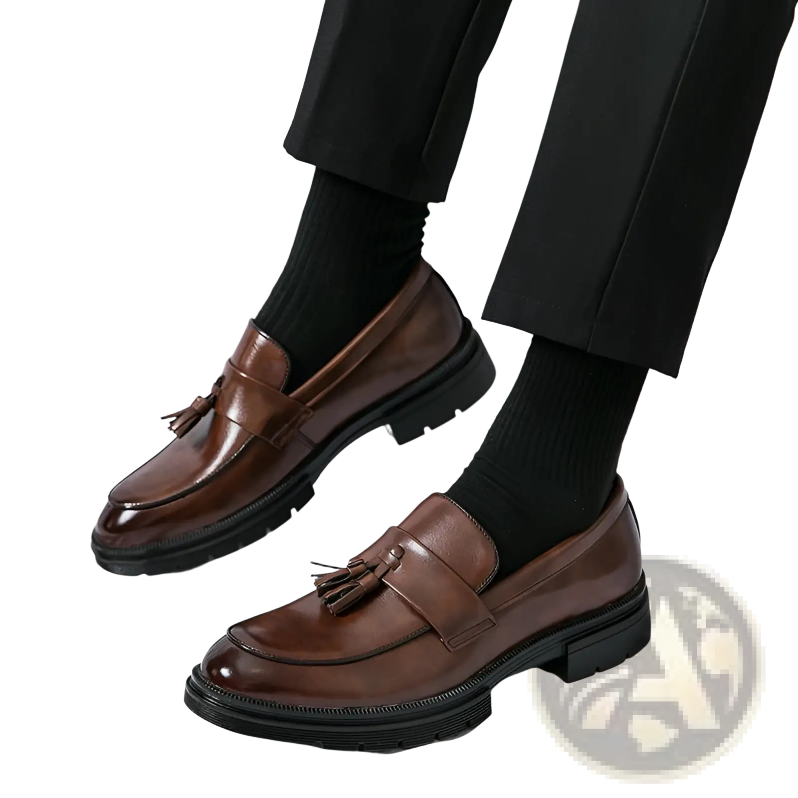 Men’s breathable brown leather tassel brogue loafers with glossy finish and chunky black soles
