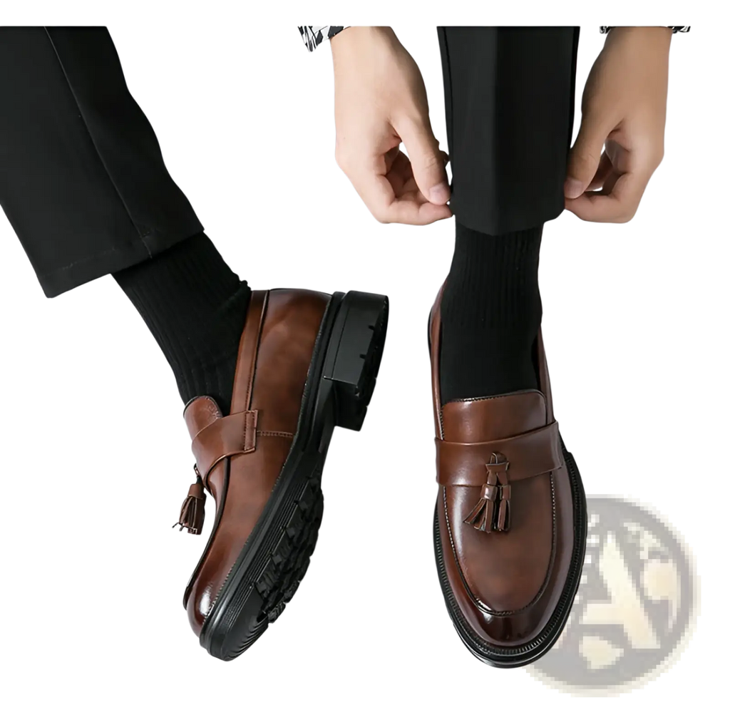 Men’s brown breathable leather tassel brogue loafers with chunky black rubber sole for formal and casual wear
