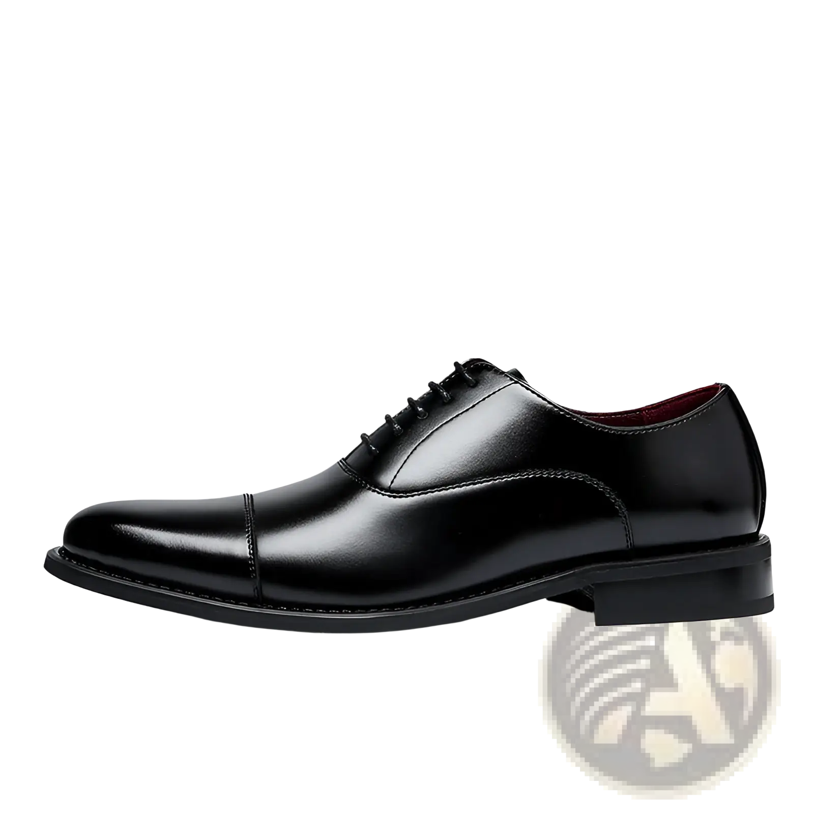 Men’s british leather cap toe oxford shoe in black patent leather with polished finish and burgundy lining