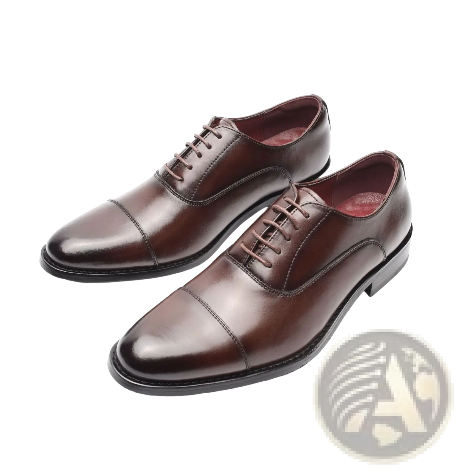 Polished brown leather men’s British cap toe oxfords with matching laces and black rubber sole 6cm height increasing