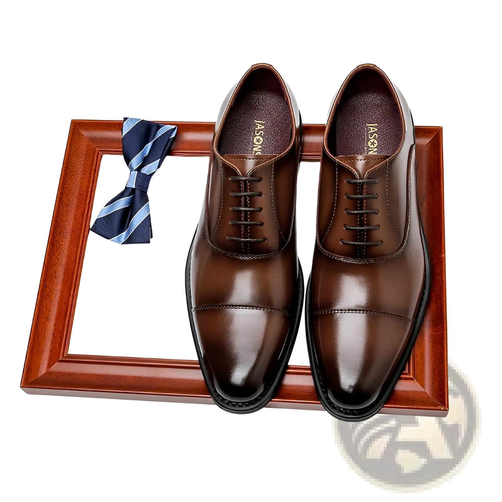 Polished brown leather men’s british oxford shoes with black laces and classic cap toe 6cm height increase