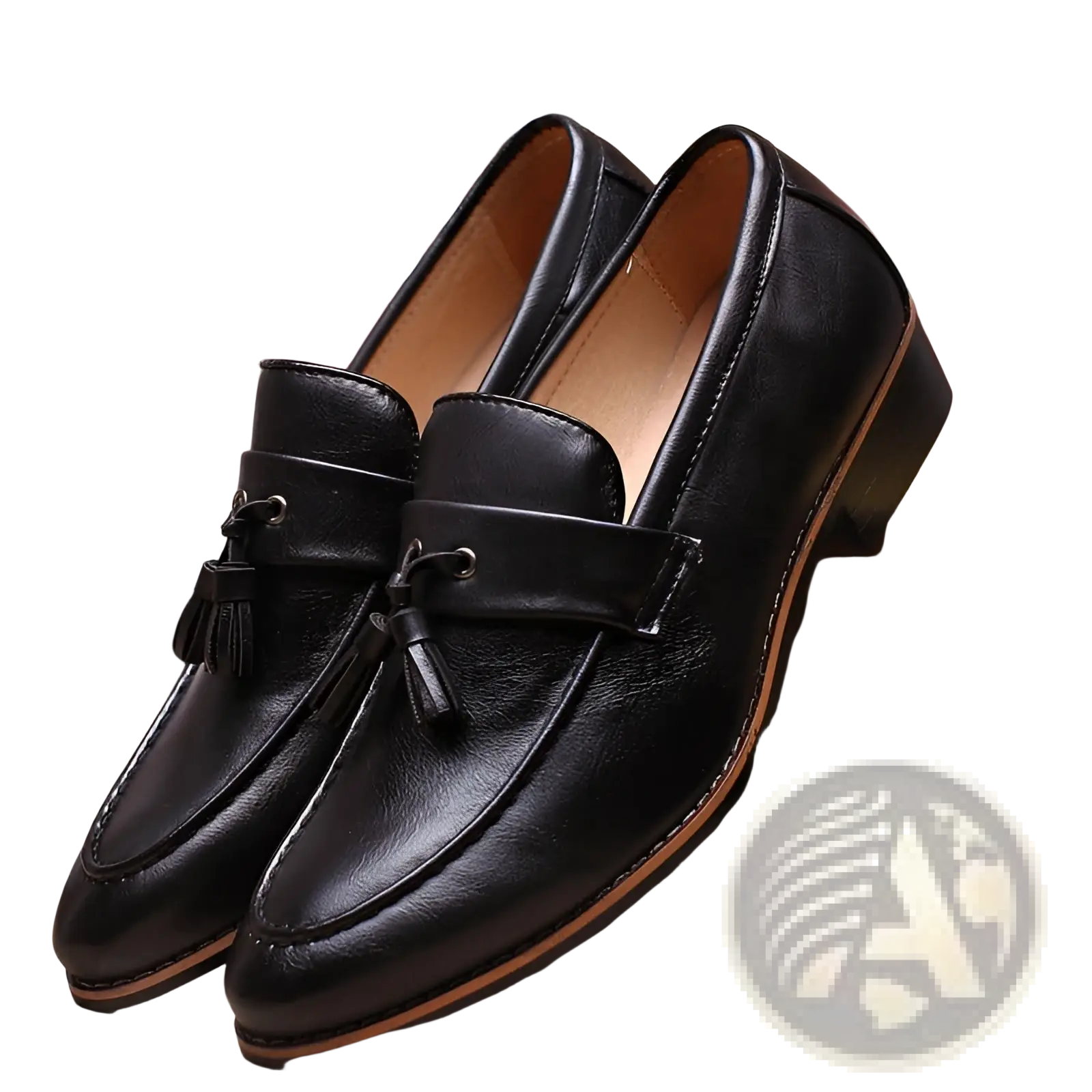 Black leather tassel loafers with a polished finish and contrasting tan soles.