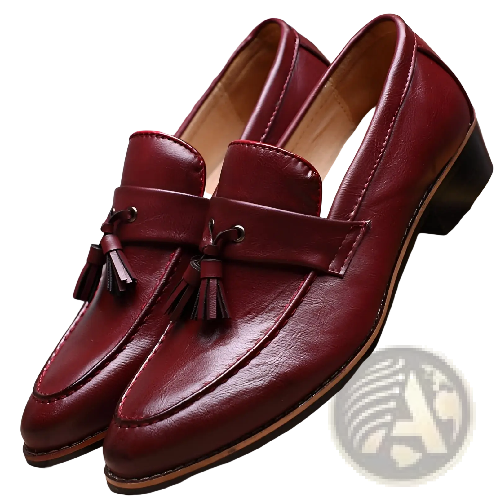 Men’s british retro tassel leather loafers in burgundy with polished finish and contrasting tan soles