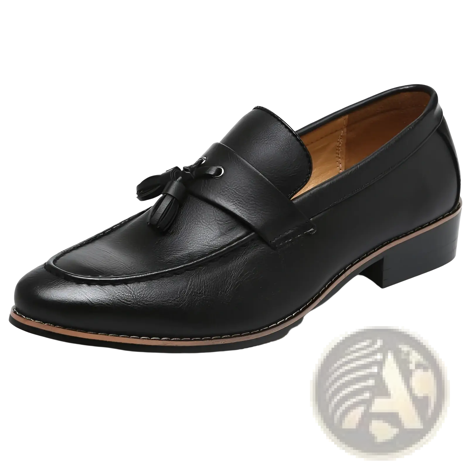 Men’s british retro tassel leather loafers in black with polished finish and contrasting tan stitching
