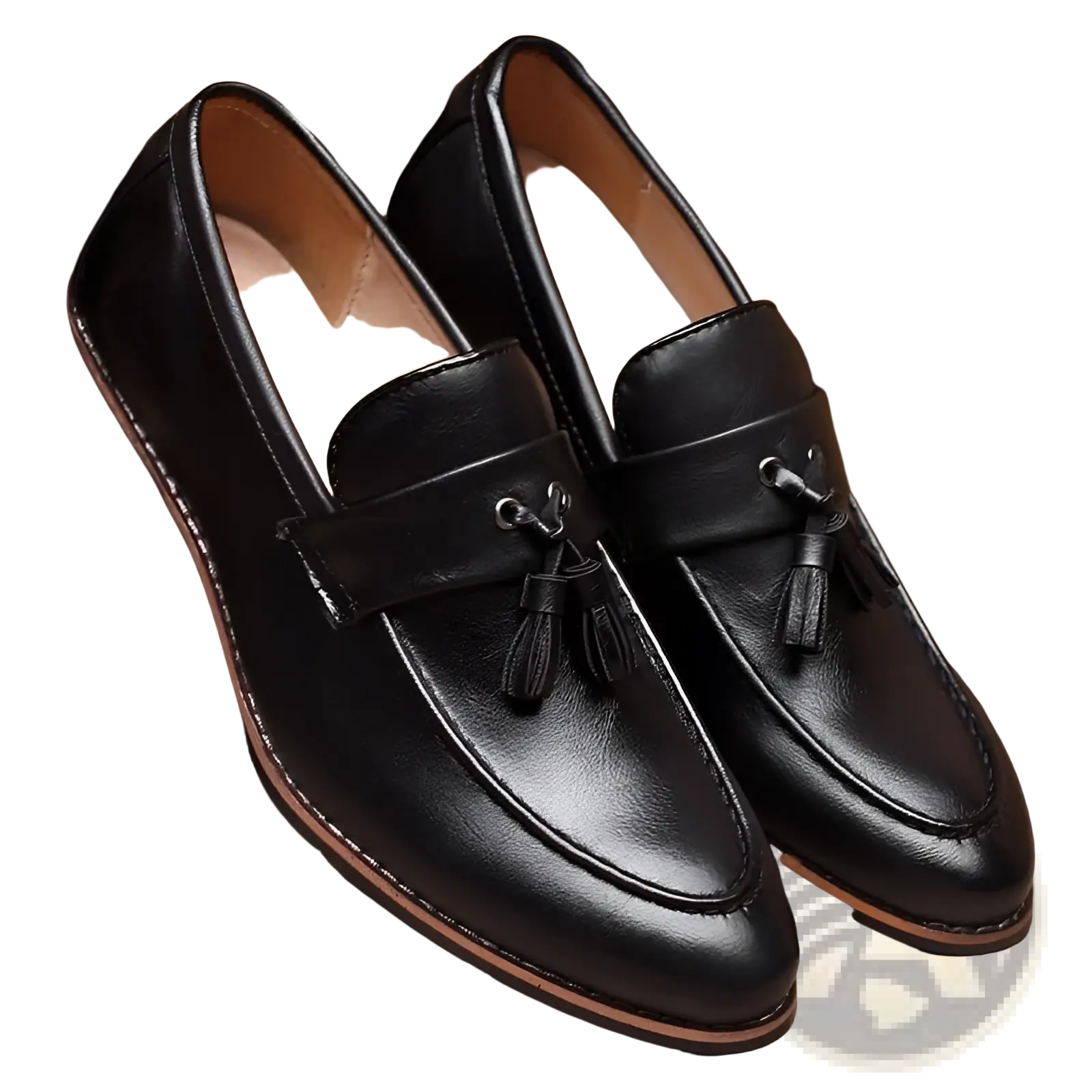 Men’s British retro black leather tassel loafers with polished finish and contrasting tan soles