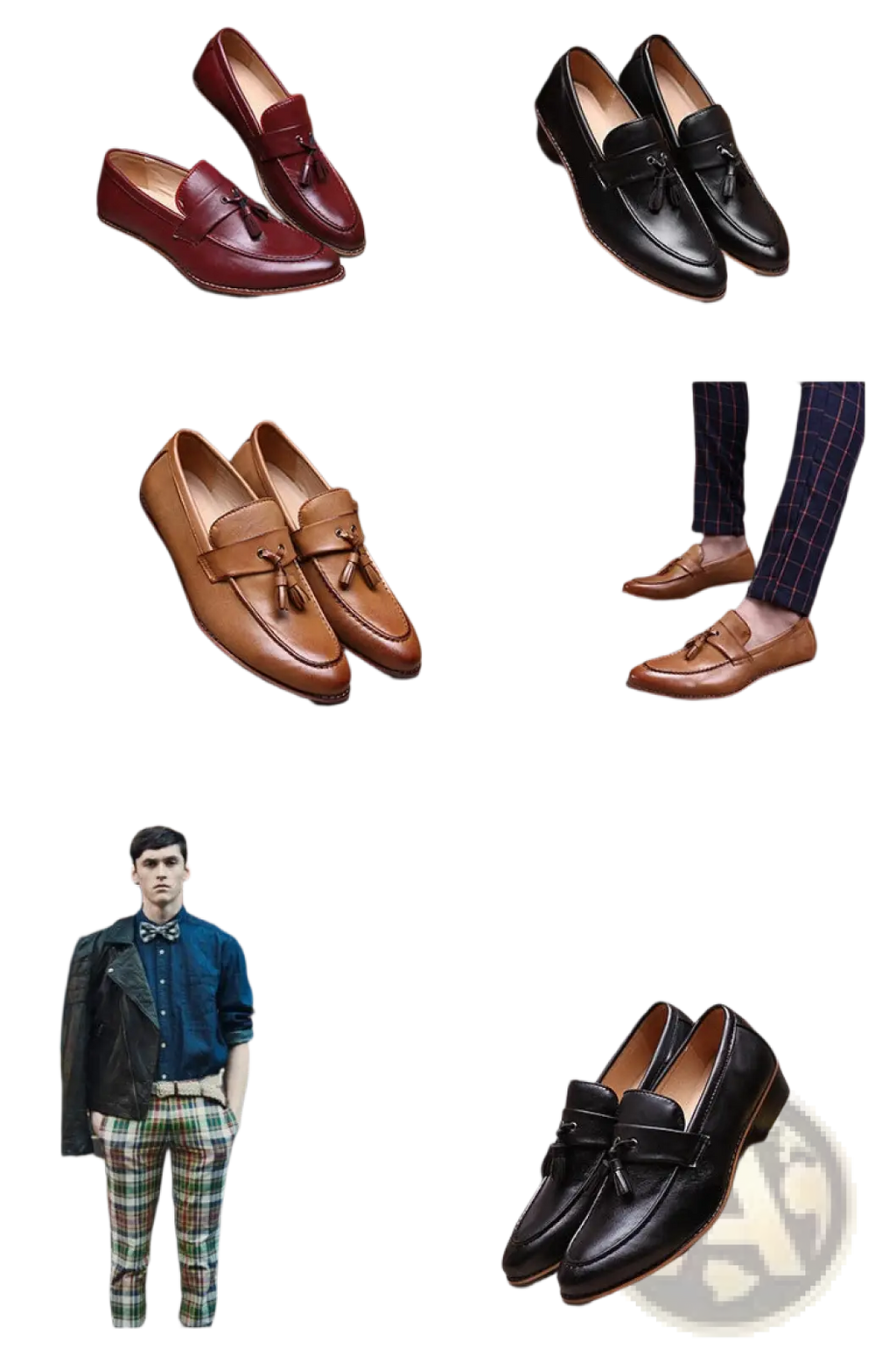 Classic men’s British retro tassel leather loafers in rich burgundy black and tan with a polished finish