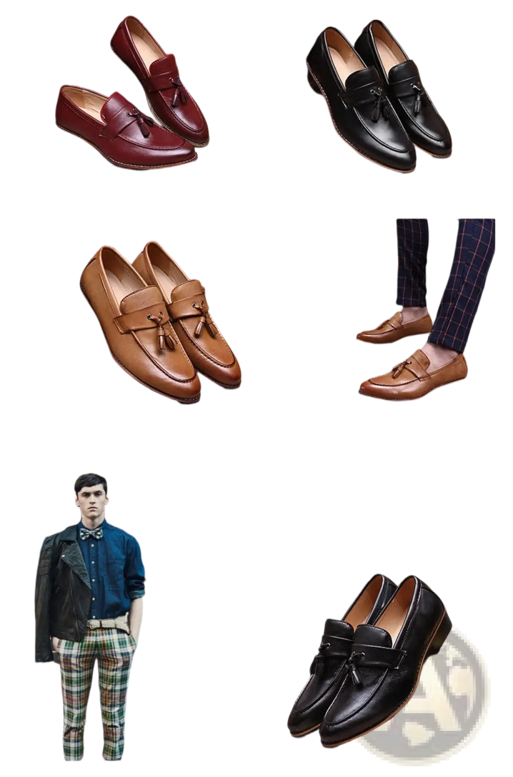 Classic men’s British retro tassel leather loafers in rich burgundy black and tan with a polished finish