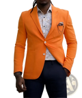 Men’s British style casual blazer suit vibrant orange tailored blazer with subtle sheen and patterned pocket square