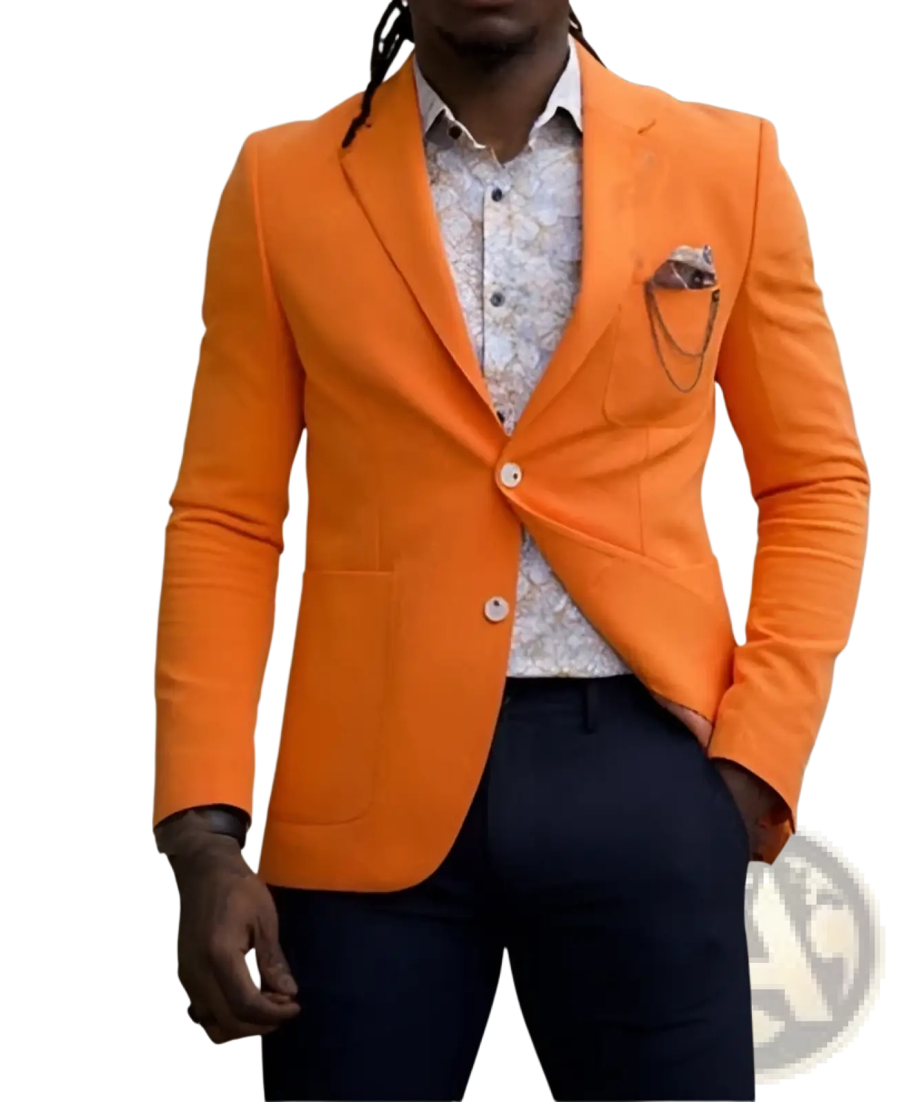 Men’s British style casual blazer suit vibrant orange tailored blazer with subtle sheen and patterned pocket square