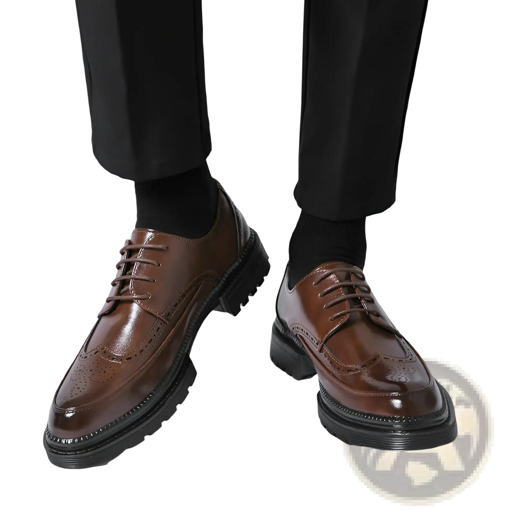 Men’s British style chunky sole brown leather brogue dress shoes with black rubber soles and matching laces