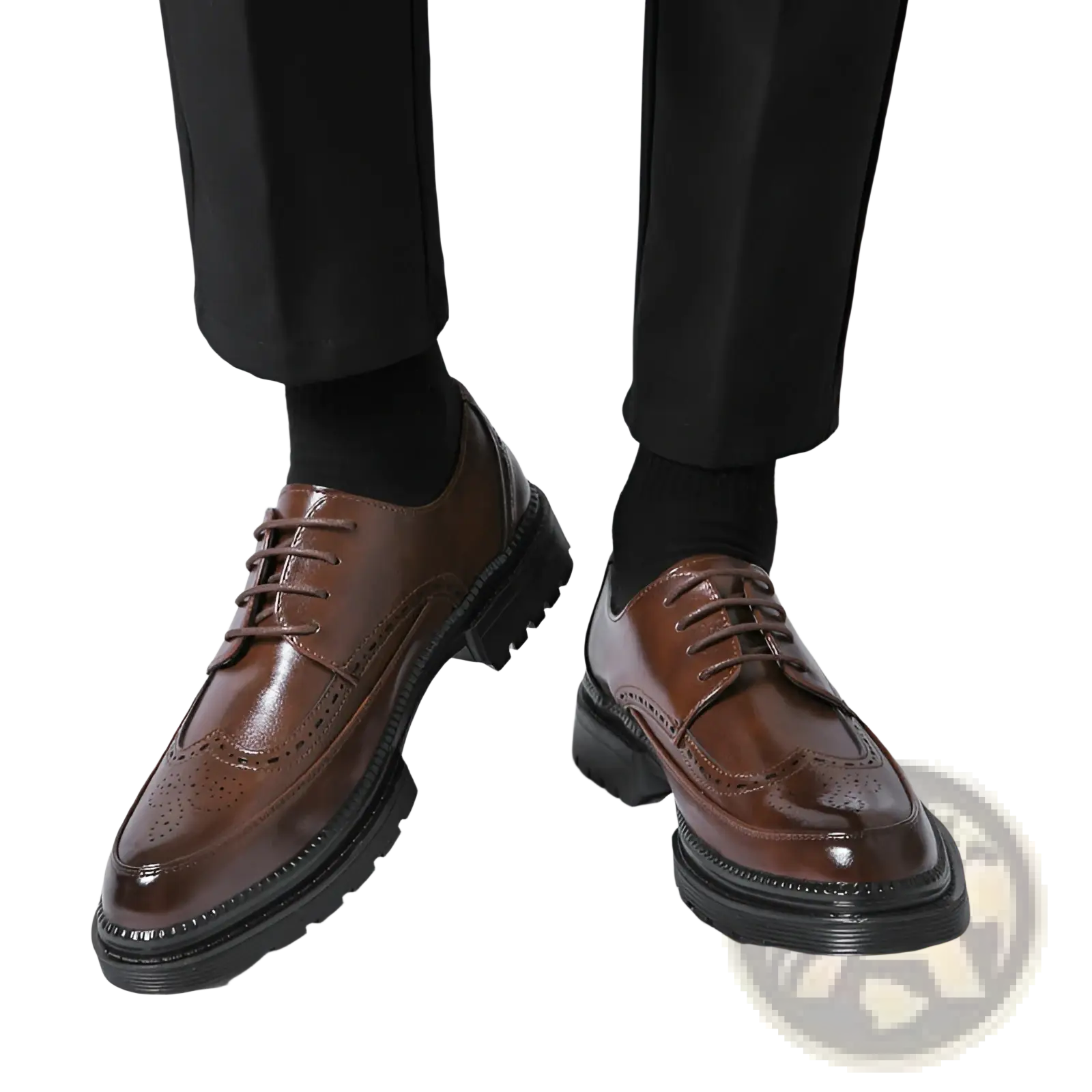 Men’s British style chunky sole brown leather brogue dress shoes with black rubber soles and matching laces