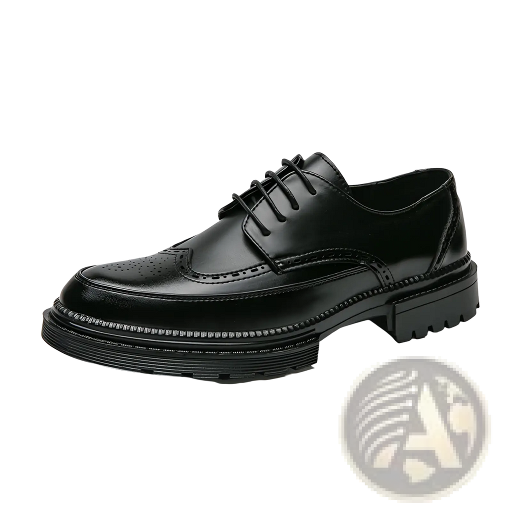Black leather lace-up oxford shoe with brogue detailing and a chunky rubber sole.