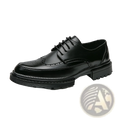 Black leather lace-up oxford shoe with brogue detailing and a chunky rubber sole.