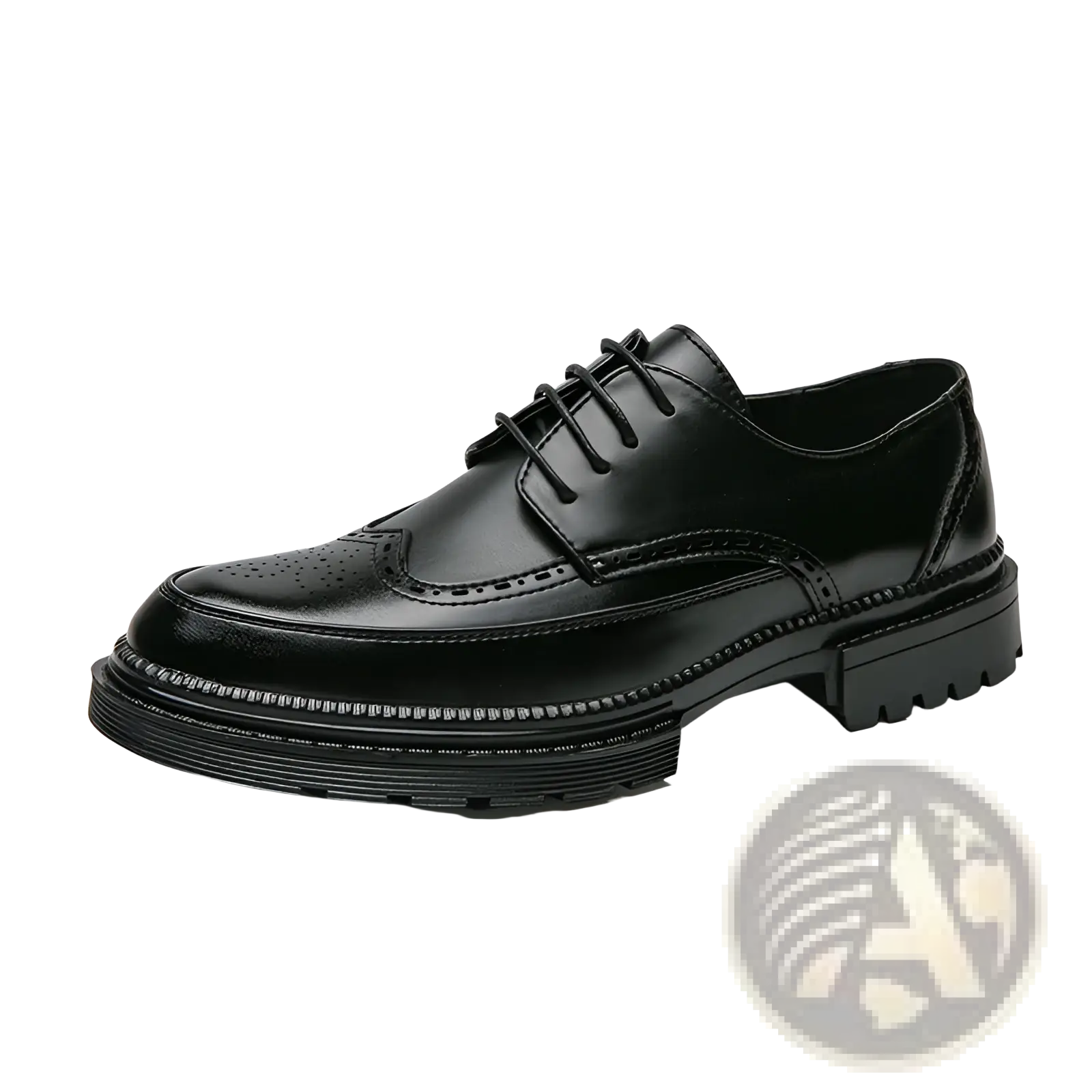 Black leather lace-up oxford shoe with brogue detailing and a chunky rubber sole.
