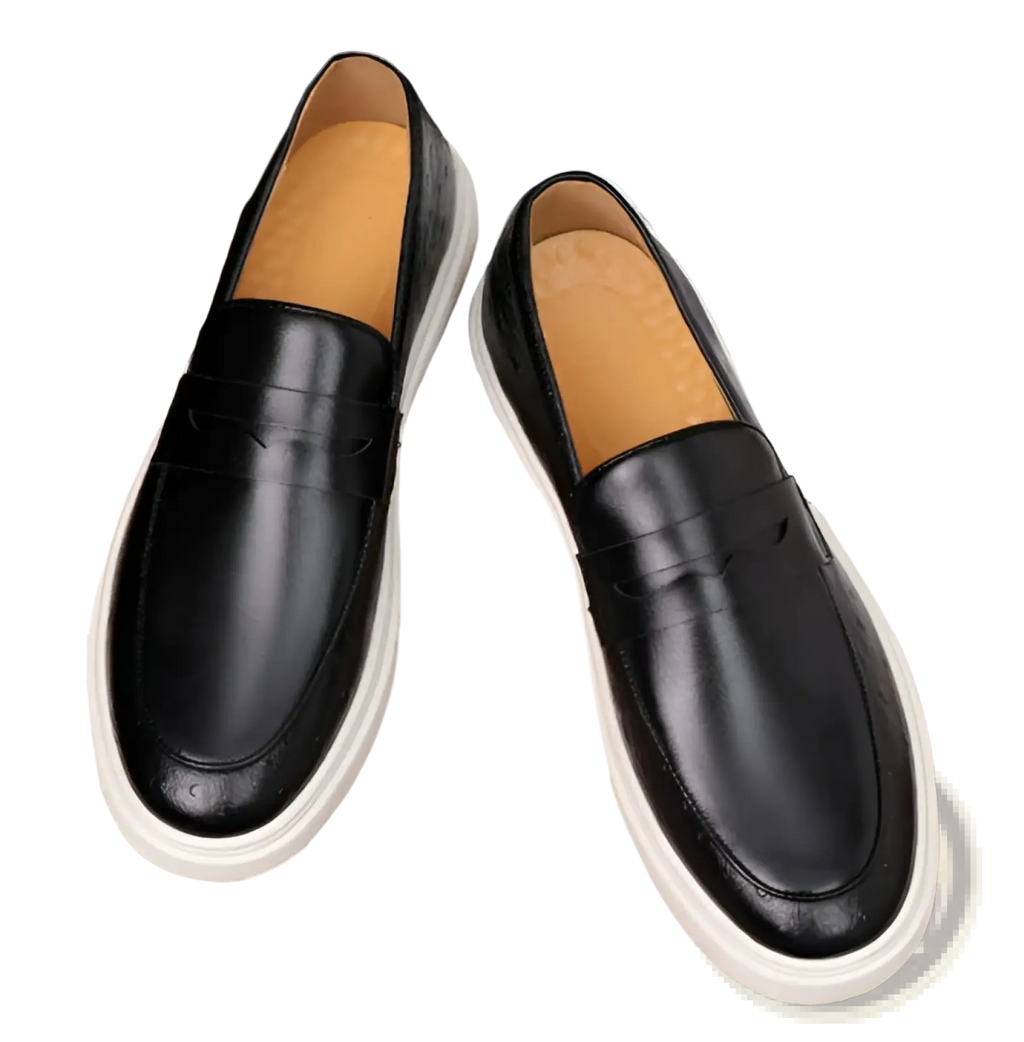 Men’s British style embossed black leather loafers with a white rubber sole and classic slip-on design