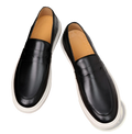 Men’s British style embossed black leather loafers with a white rubber sole and classic slip-on design