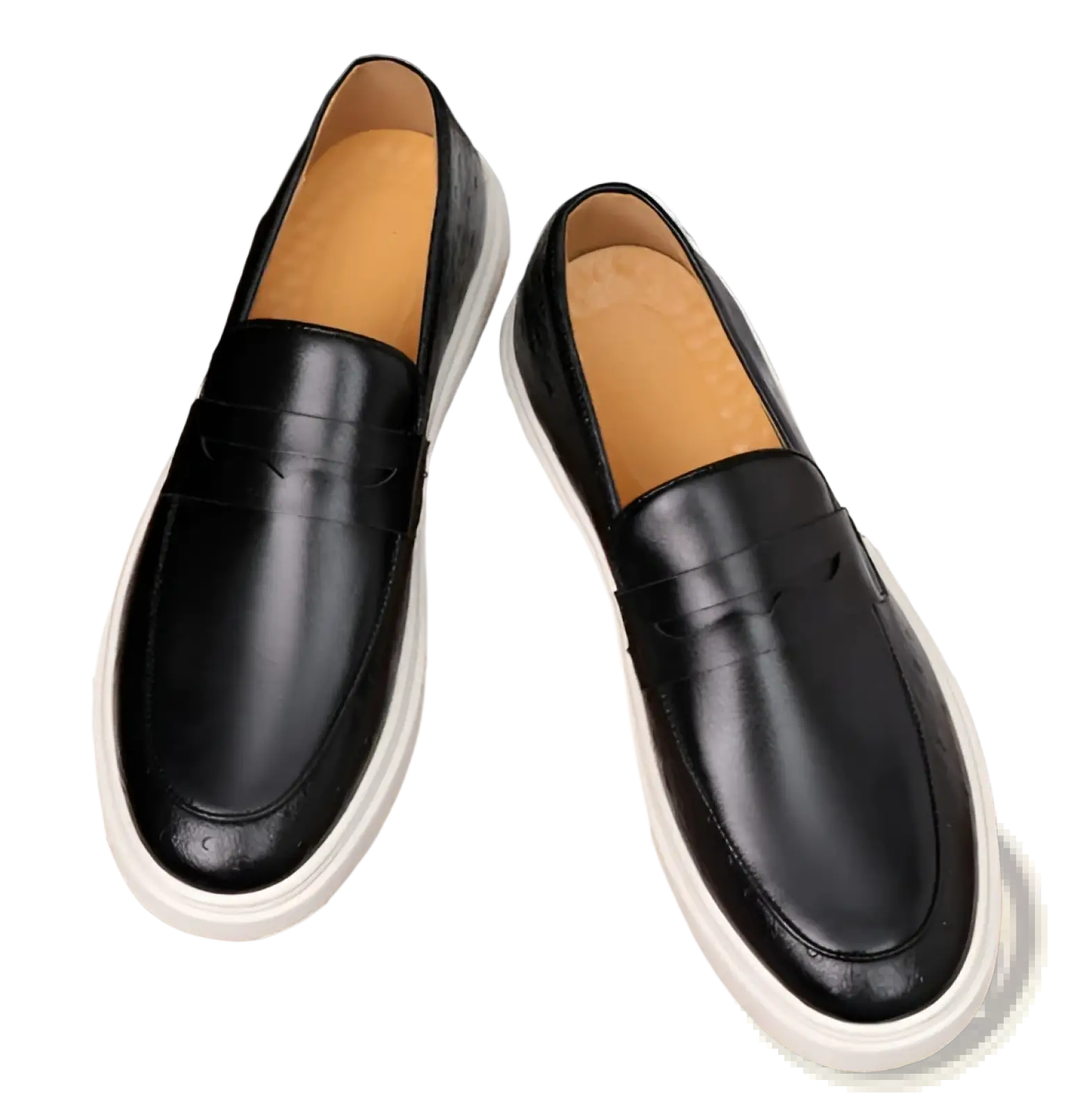 Men’s British style embossed black leather loafers with a white rubber sole and classic slip-on design