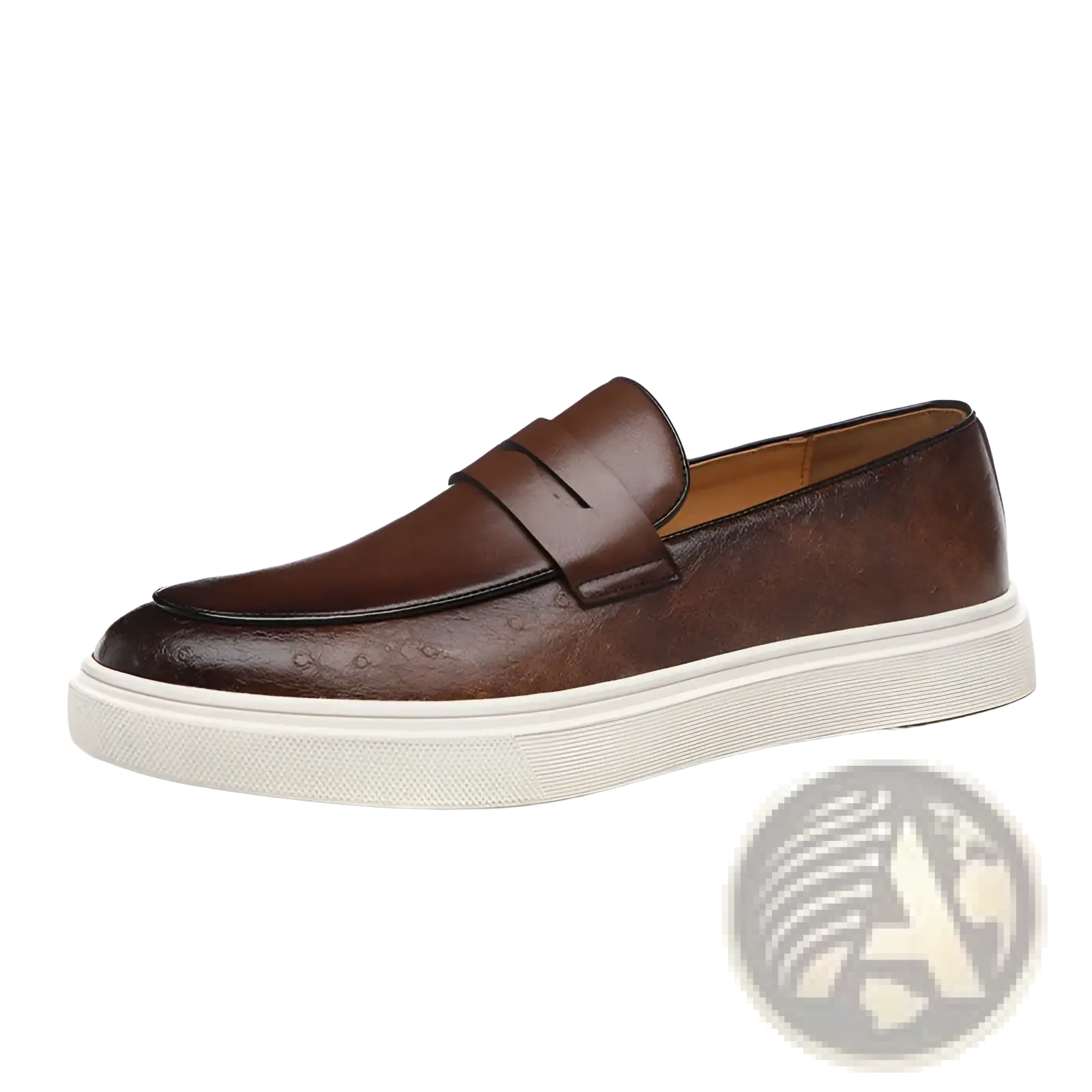 Men’s British style brown leather loafers with embossed pattern and contrasting white rubber sole