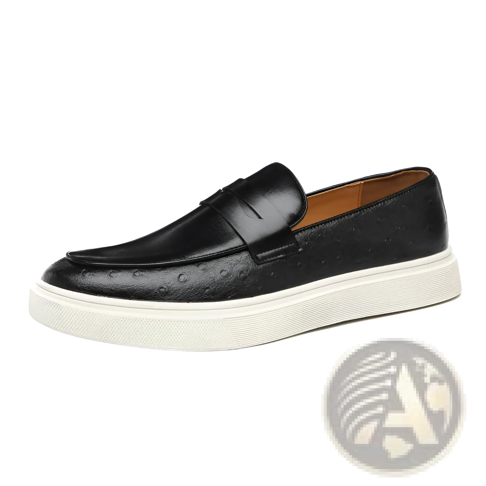 Men’s British style embossed black leather loafers with subtle textured pattern and contrasting white rubber sole